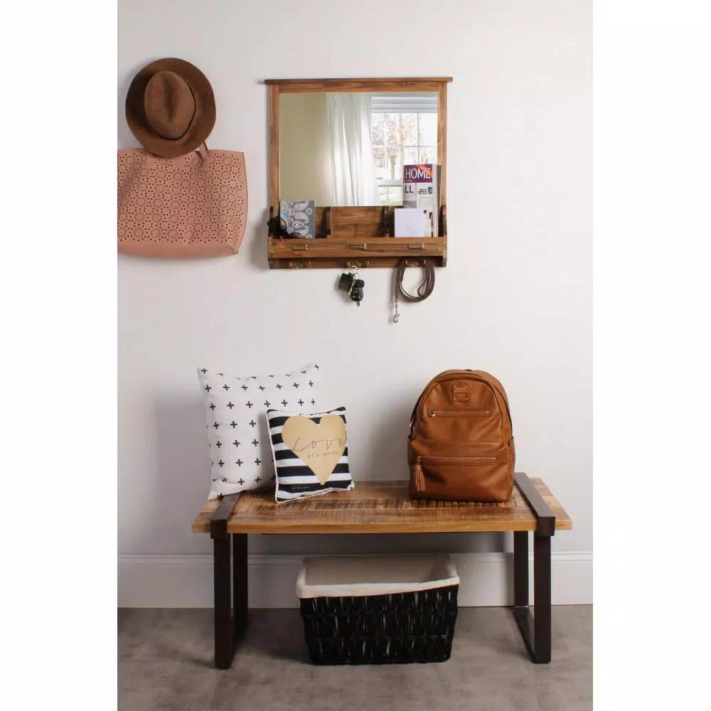 Kate and Laurel Stallard Rustic Brown Multi-Function Wall Mirror Memo Board with Hooks and Pockets