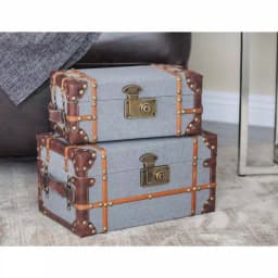 LITTON LANE Globetrotter Wood and Gray Burlap Fabric Decorative Storage Boxes with Leather Accents, Set of 2 thumbnail 1