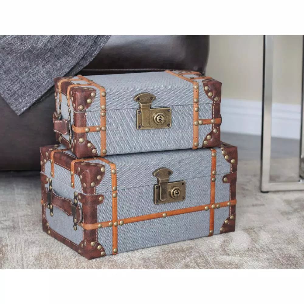 LITTON LANE Globetrotter Wood and Gray Burlap Fabric Decorative Storage Boxes with Leather Accents, Set of 2
