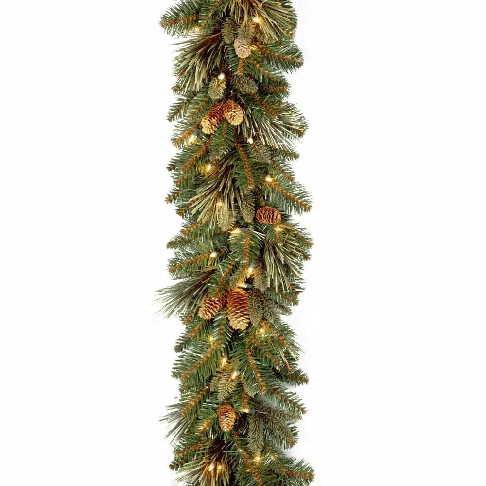 Unbranded Carolina Pine 9 ft. Artificial Pine Garland with 100 Clear Lights and Flocked Pine Cones