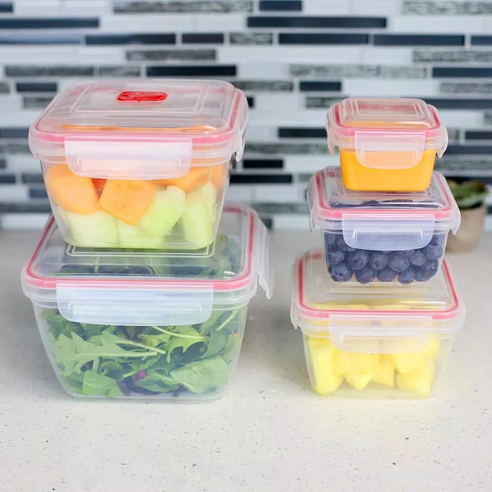 Unbranded 10-Piece Locking Square Plastic Food Storage Container Set with Steam-Vented Lids, Red
