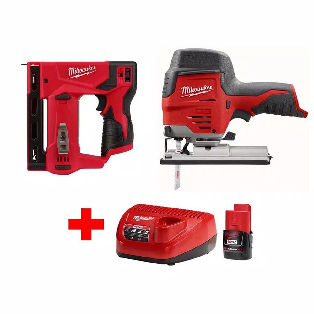 Milwaukee M12 12V Lithium-Ion Cordless Jig Saw and 3/8 in. Crown Stapler Combo Kit with 2.0Ah Battery and Charger