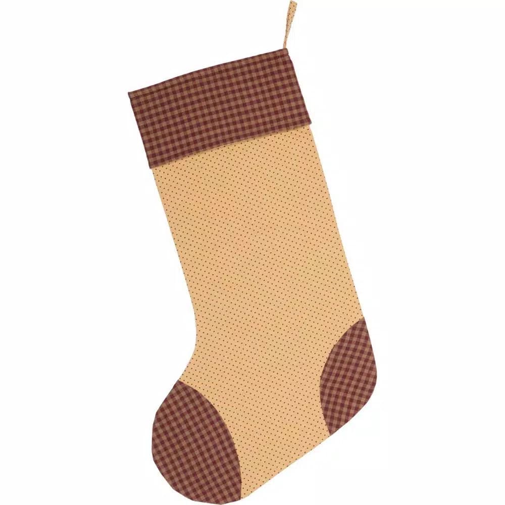 VHC Brands 20 in. Cotton Sequoia Creme White Rustic Christmas Stocking with Burgundy Check Accents