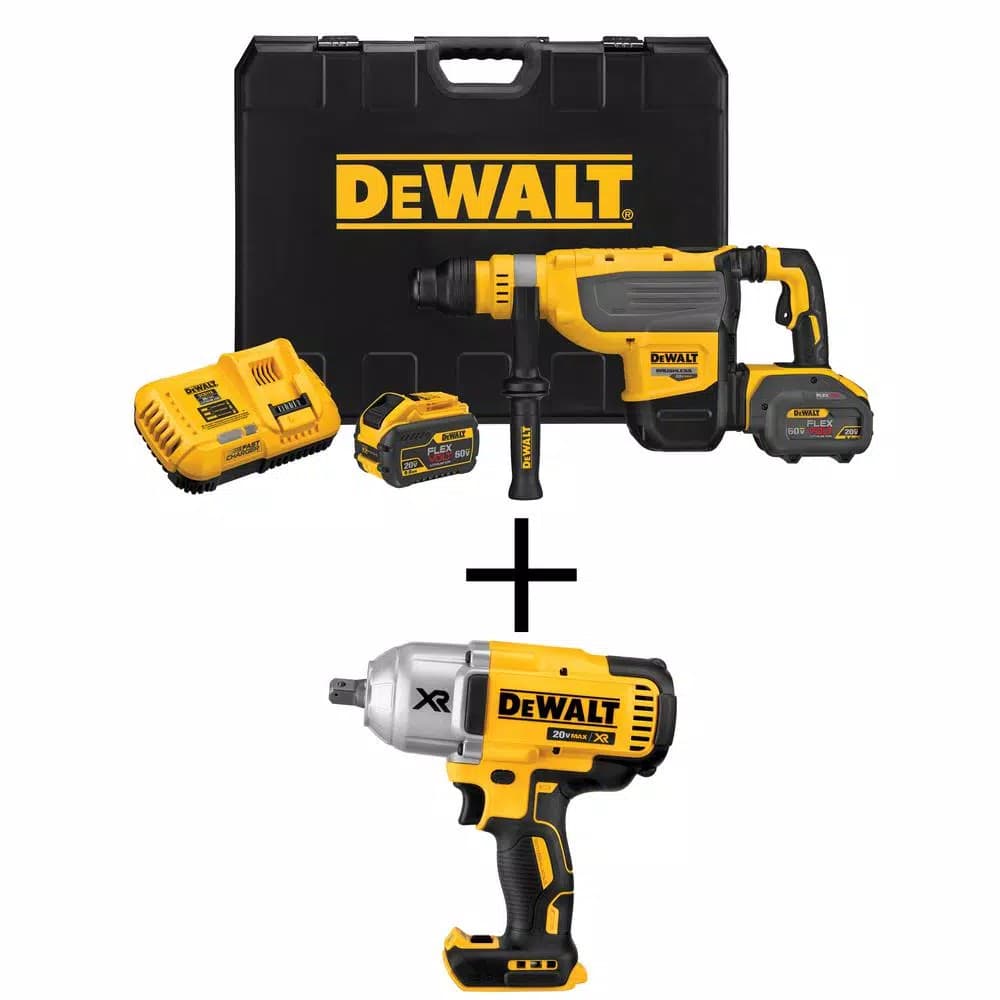 DEWALT FLEXVOLT 60V MAX Brushless 1-7/8 in. SDS MAX Rotary Hammer Kit with (2) 9.0 Ah Batteries & Impact Wrench