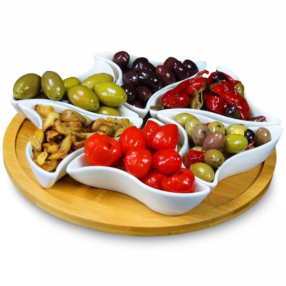 Elama Signature Collection Stoneware Appetizer Bowls with Bamboo Lazy Susan Serving Tray