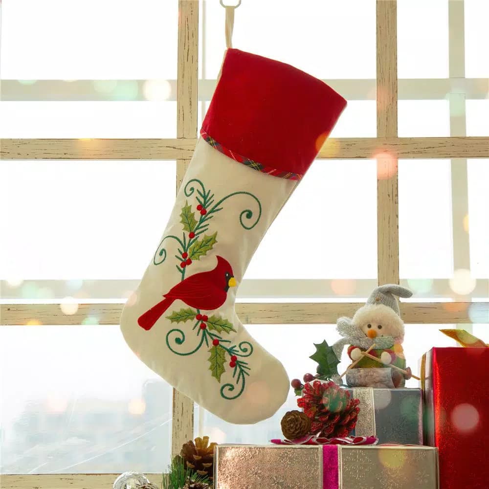 Glitzhome 21 in. Fabric Cardinal Christmas Stocking with Embroidered Holly and Berries, Red and Beige