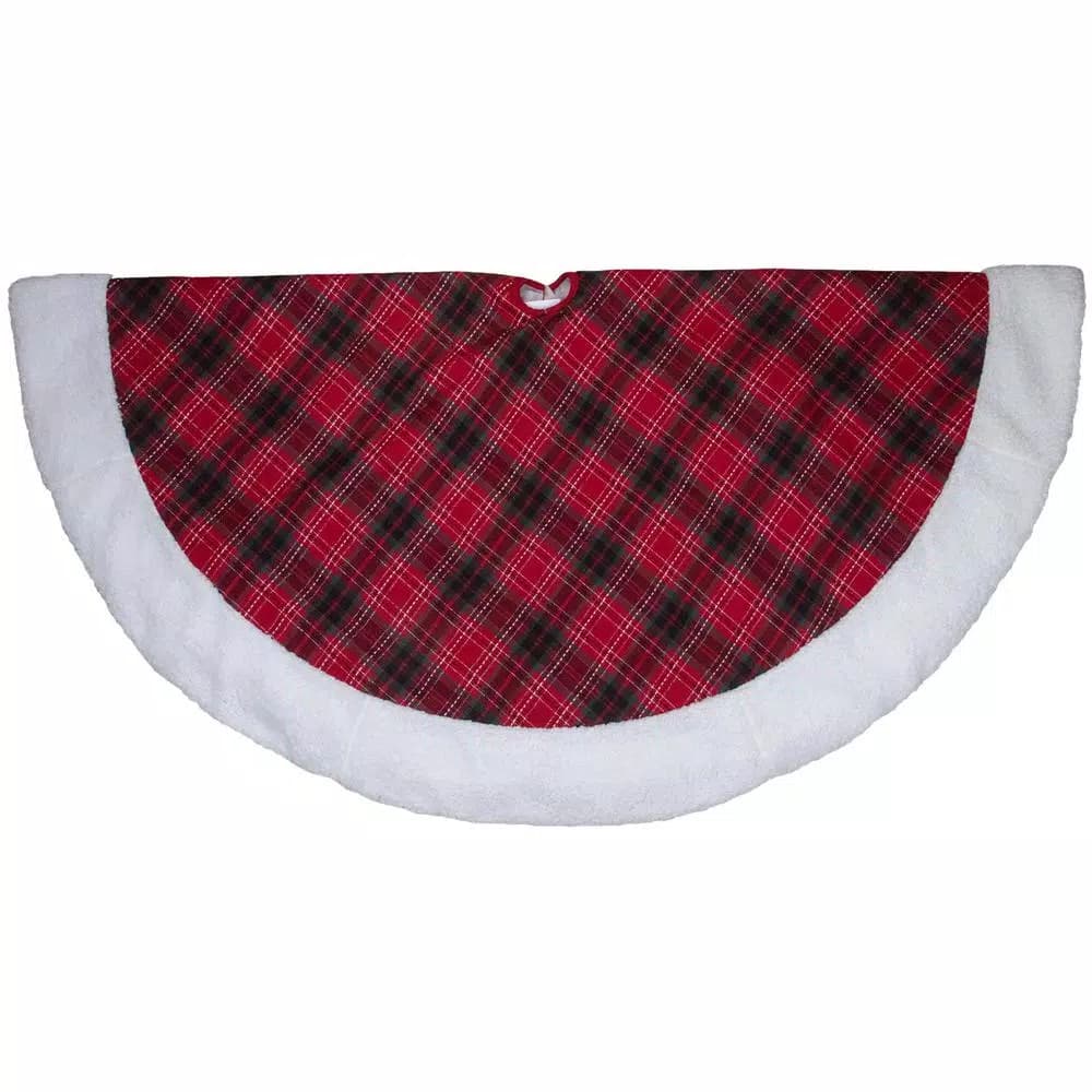 Northlight 60 in. Red, Green, and Black Plaid Christmas Tree Skirt with White Sherpa Trim