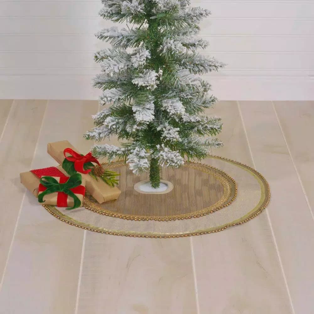 VHC Brands 21 in. Celebrate Bronze Tan Glam Christmas Mini Tree Skirt with Metallic Gold Trim