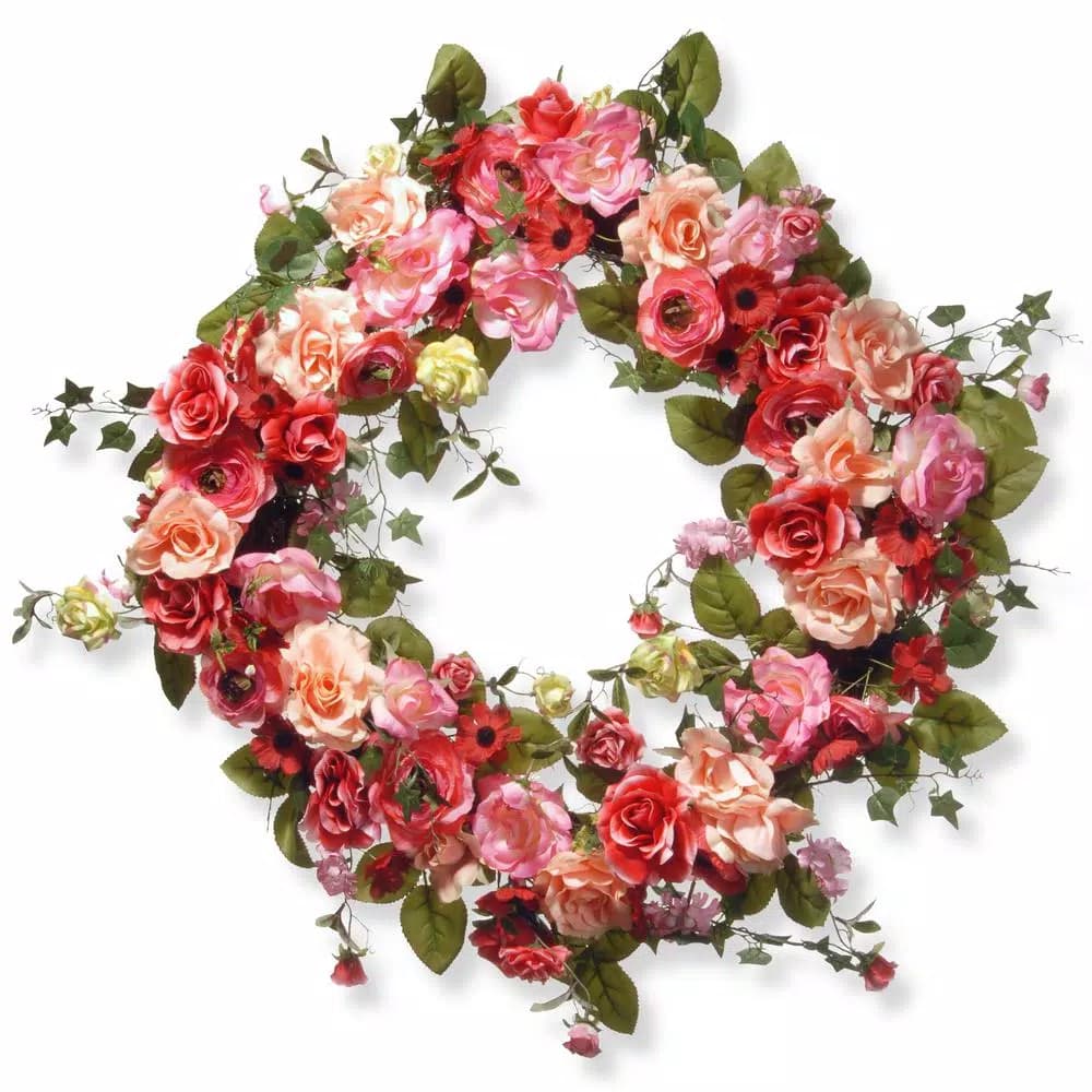National Tree Company 32 in. Mixed Rose and Dahlia Spring Wreath - Red, Pink, and Cream Floral Decor
