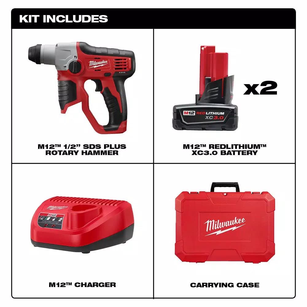 Milwaukee M12 12V Lithium-Ion Cordless 1/2 in. SDS-Plus Rotary Hammer Kit with (2) 3.0Ah Batteries, Charger & Case