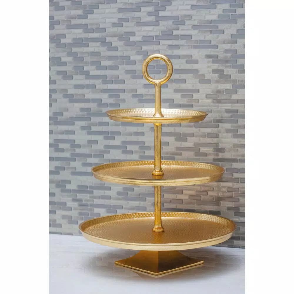 LITTON LANE Modern Reflections 3-Tier Gold Aluminum Cake Stand, 22 x 17 in.