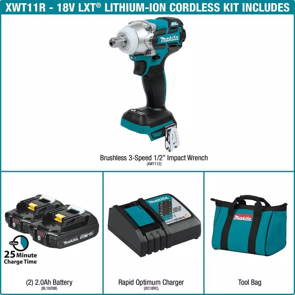 Makita 18V LXT Brushless 1/2 in. 3-Speed Impact Wrench Kit with 2.0Ah Battery and Charger