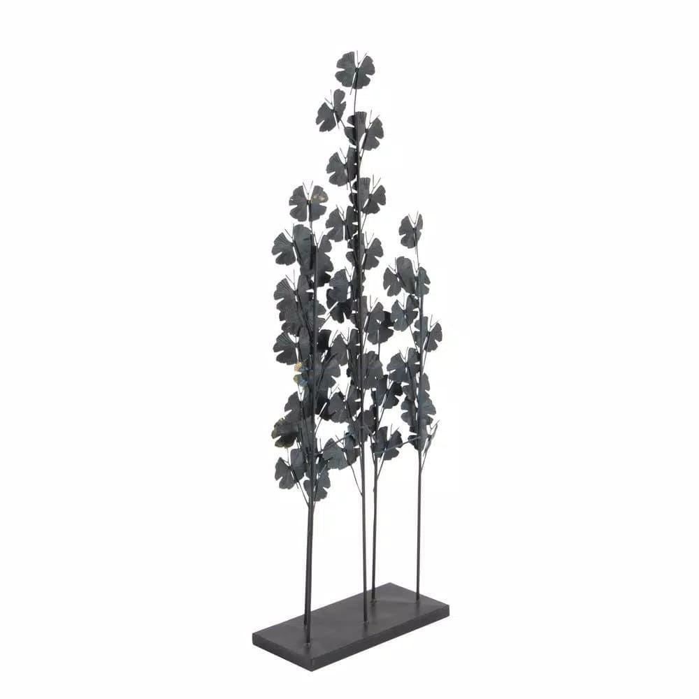 LITTON LANE Iron Metal Turquoise Ginkgo Leaves Sculpture with Gold Outline and Rectangular Base