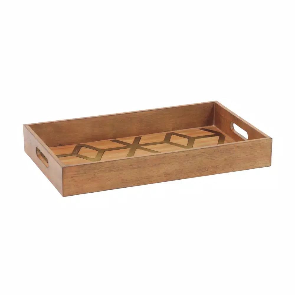 LITTON LANE Rustic Brown Wood Decorative Trays with Gold Geometric Patterns, Set of 2