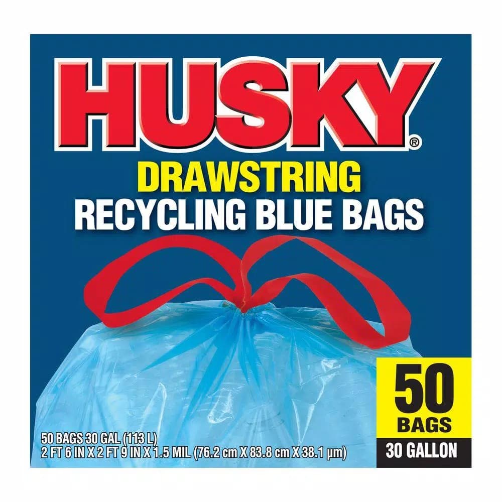 HUSKY 30 Gallon Blue Recycling Bags with Drawstring, 50-Count