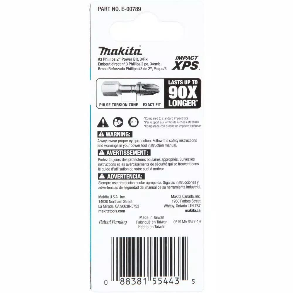 Makita ImpactXPS #3 Phillips 2 in. Power Bits, 3-Pack