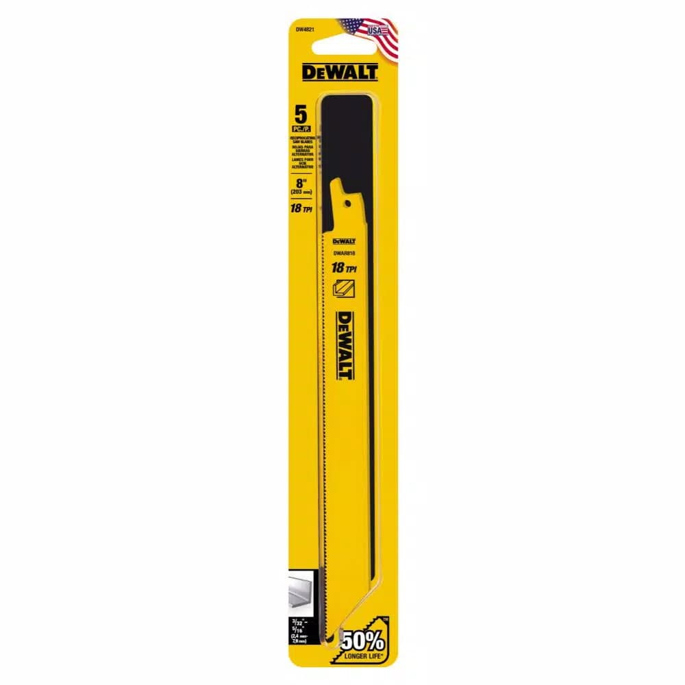 DEWALT 8 in. 18 TPI Demolition Reciprocating Saw Blade, Bi-Metal, 5-Pack