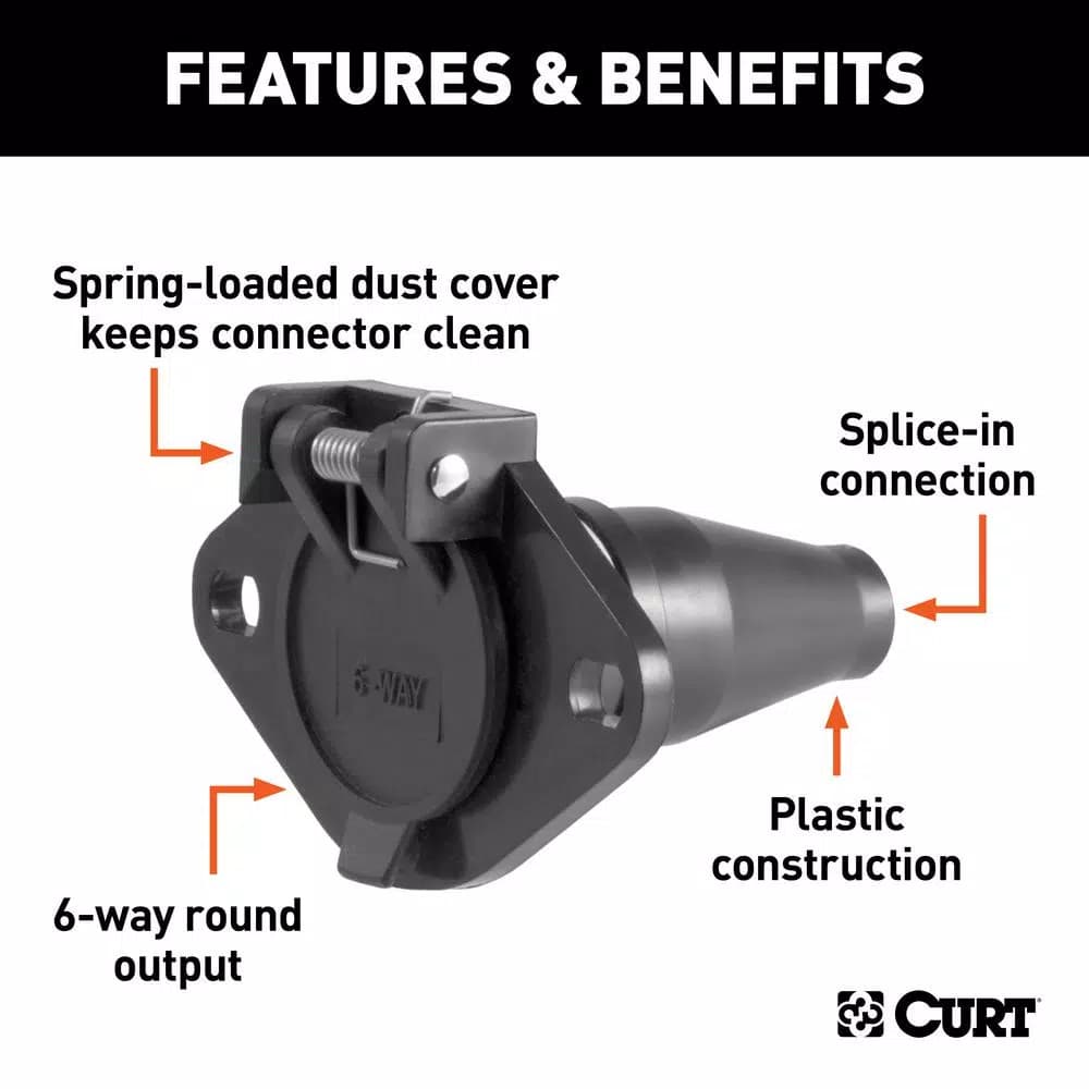 CURT 6-Way Round Vehicle-Side Connector Socket, Black Plastic