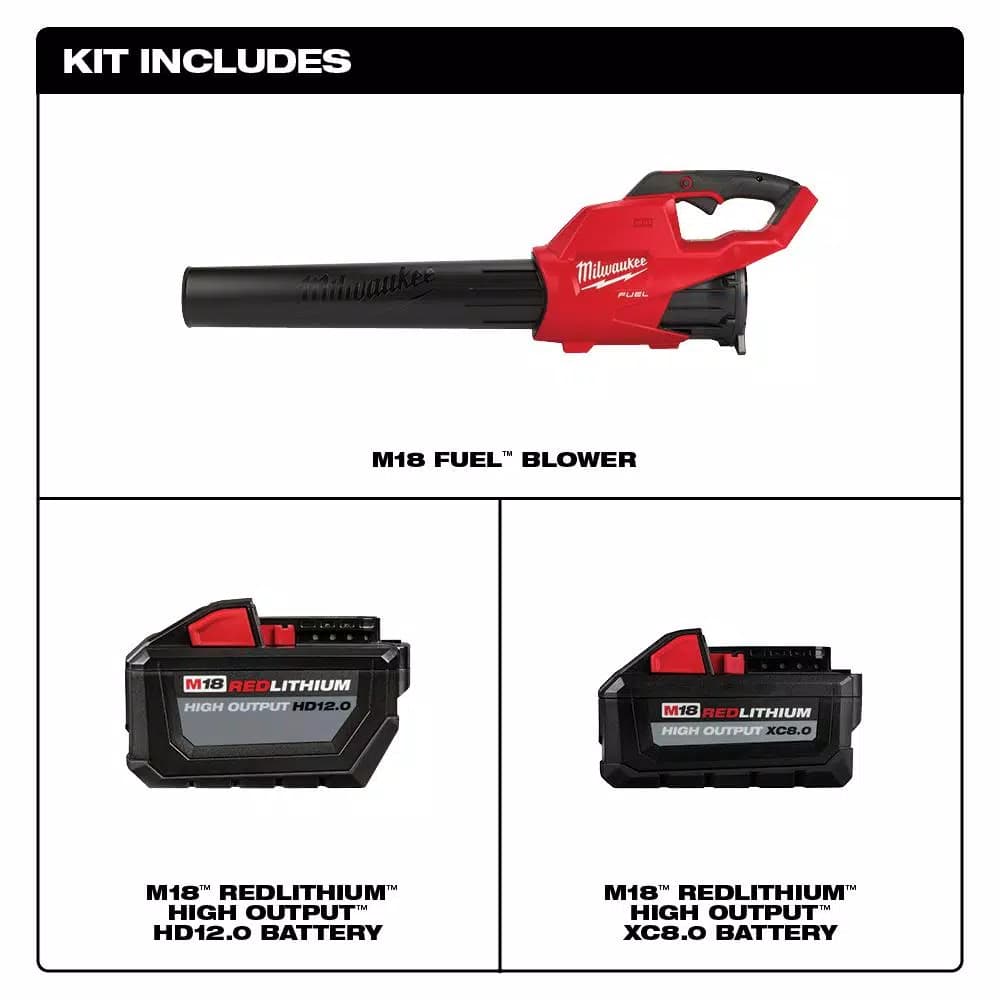 Milwaukee M18 FUEL Cordless Handheld Blower Kit with 12 Ah and 8 Ah Batteries, 450 CFM, 120 MPH