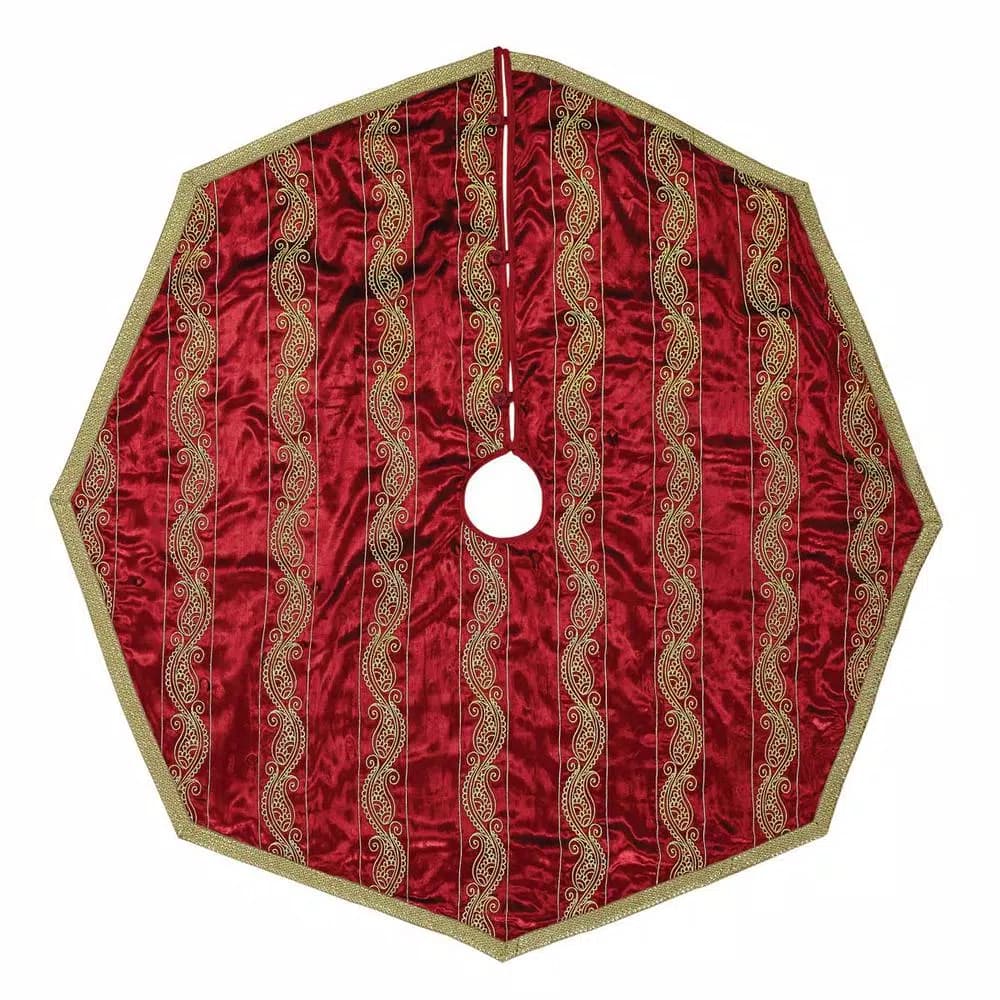 VHC Brands 55 in. Yule Christmas Red Glam Decor Tree Skirt with Gold Embroidered Paisley