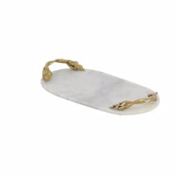 LITTON LANE 20 in. White Marble Oval Decorative Tray with Gold Leaf and Vine Aluminum Handles thumbnail 3