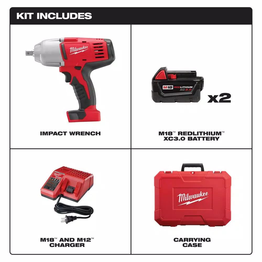 Milwaukee M18 1/2 in. High-Torque Impact Wrench Kit with (2) 3.0 Ah Batteries, Charger & Case