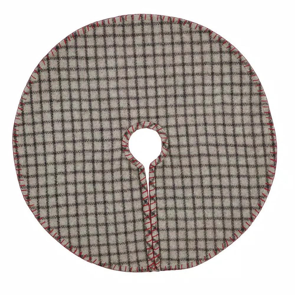 VHC Brands Weston 21 in. Slate Grey Windowpane Plaid Christmas Tree Skirt with Cherry Red Trim