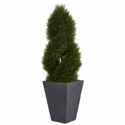 Nearly Natural 4 ft. Artificial Cypress Double Spiral Topiary Tree in Slate Planter, UV Resistant Indoor/Outdoor thumbnail 1