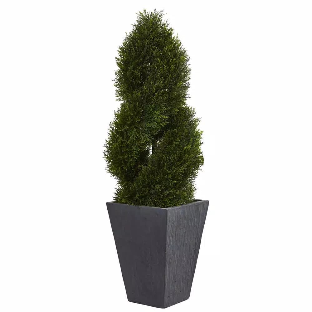 Nearly Natural 4 ft. Artificial Cypress Double Spiral Topiary Tree in Slate Planter, UV Resistant Indoor/Outdoor