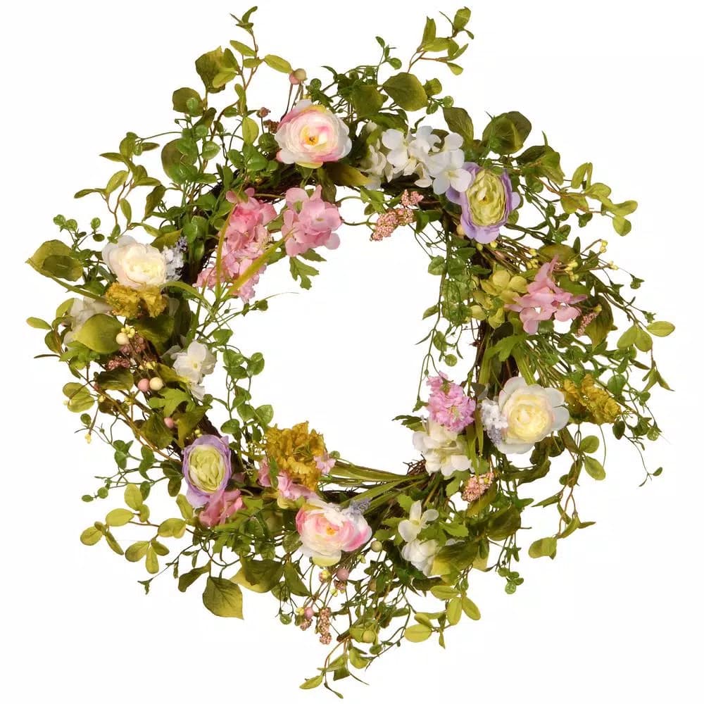 National Tree Company 24 in. Decorative Spring Wreath with Mixed Pastel Flowers and Berry Clusters