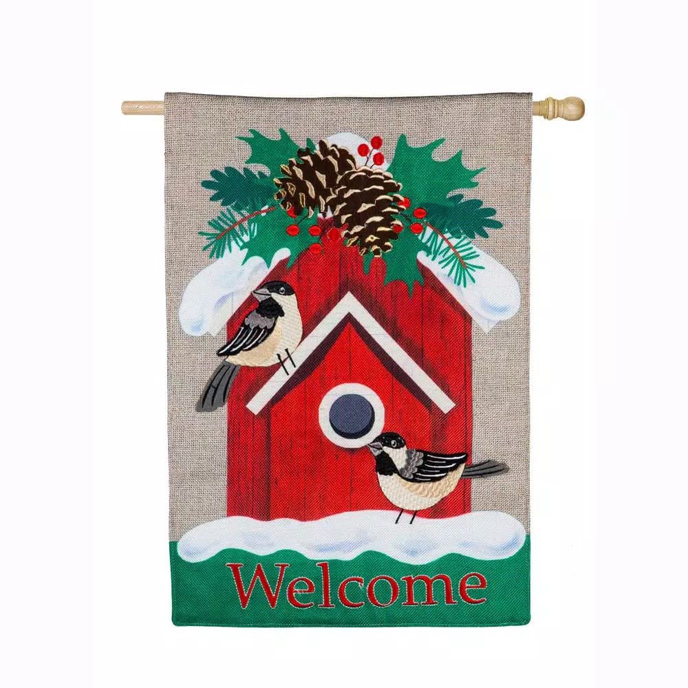Evergreen Holiday Chickadee Birdhouse Christmas Burlap Style Flag, 28 x 44 in.