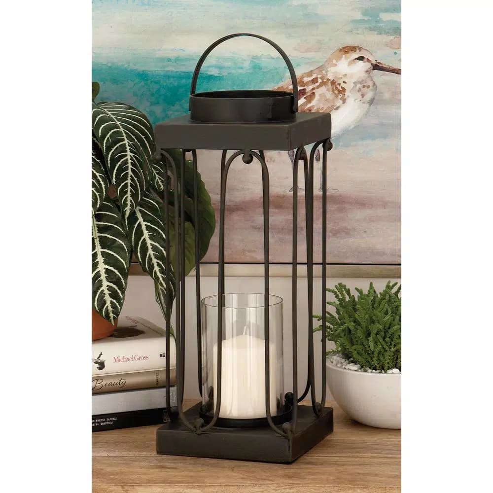 LITTON LANE Black Tin and Clear Glass Lantern Candle Holder Set of 2 - Industrial Mission Style