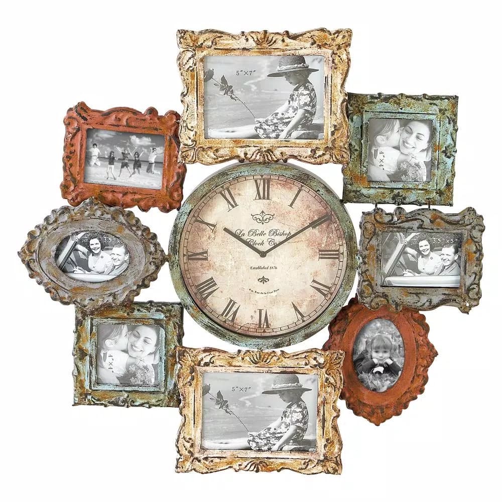 LITTON LANE 25 in. Metal Victorian Photo Frame Montage and Wall Clock with 8 Frames