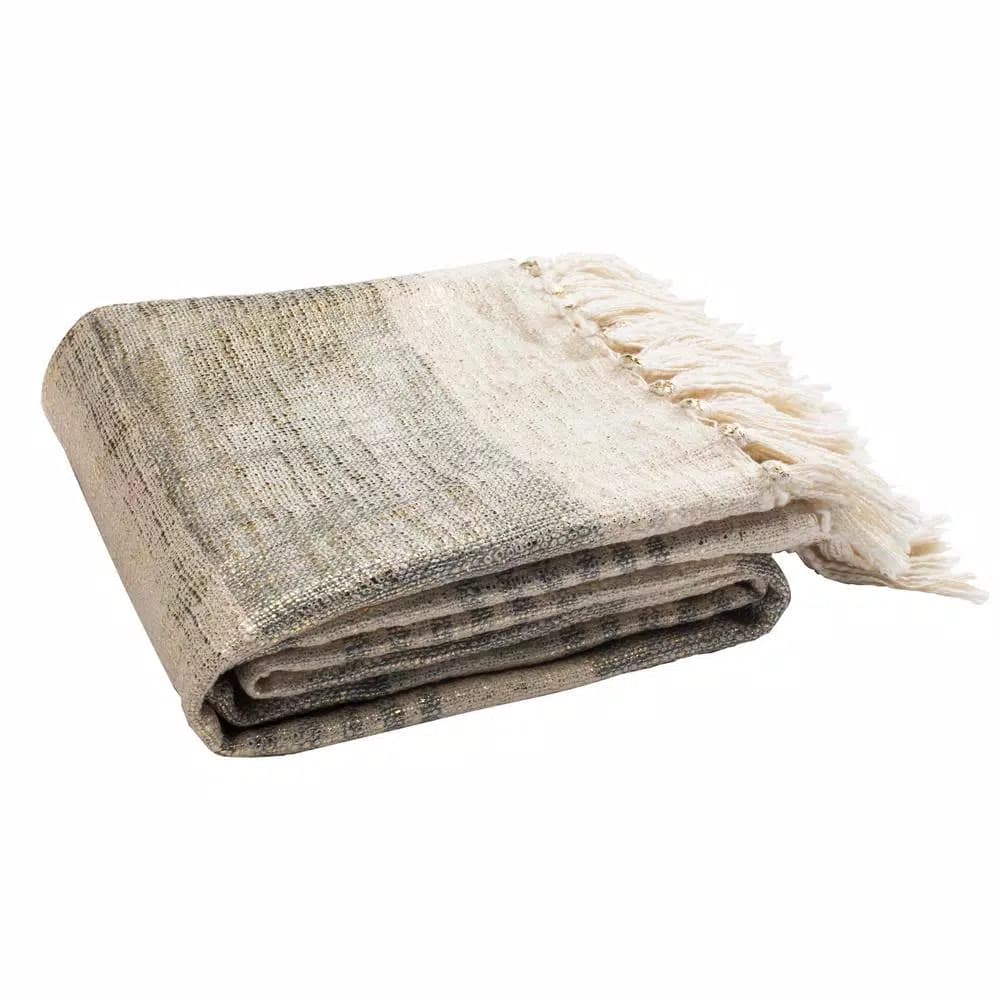Safavieh Voleta White and Gold Striped Cotton Throw Blanket with Fringe