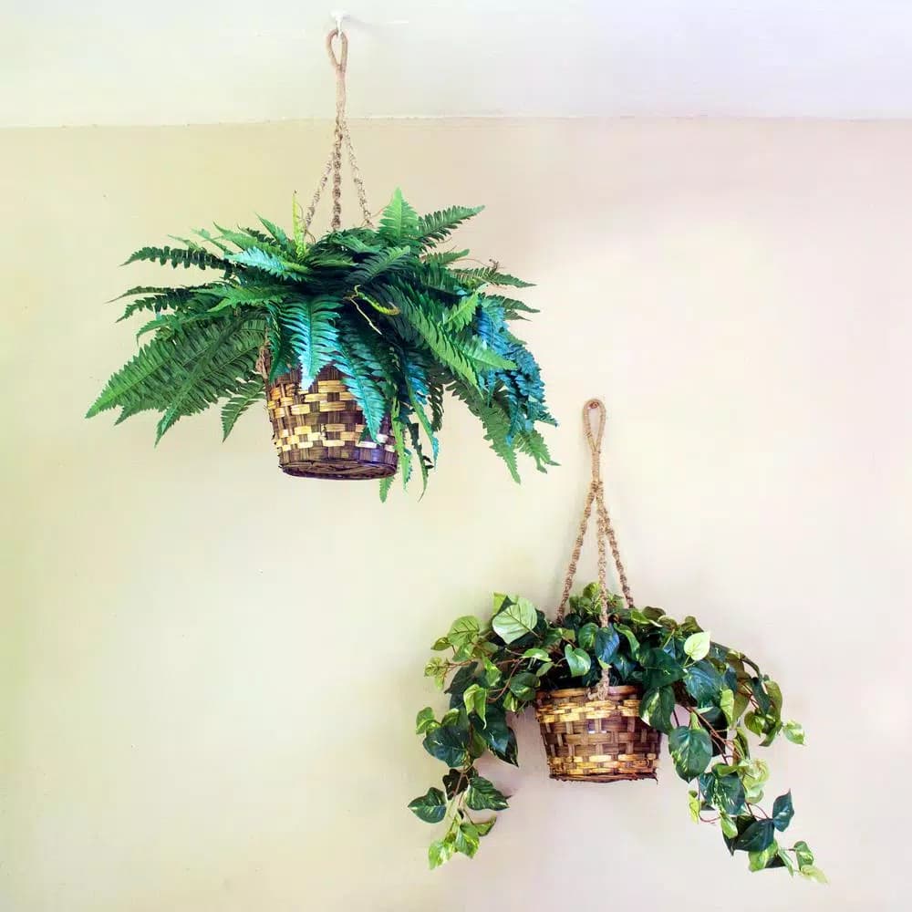 Nearly Natural Lifelike Pothos Silk Plant in Woven Roped Hanging Basket