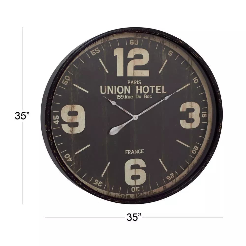 LITTON LANE 35 in. Vintage Round Wall Clock - Distressed Black Metal Industrial Design