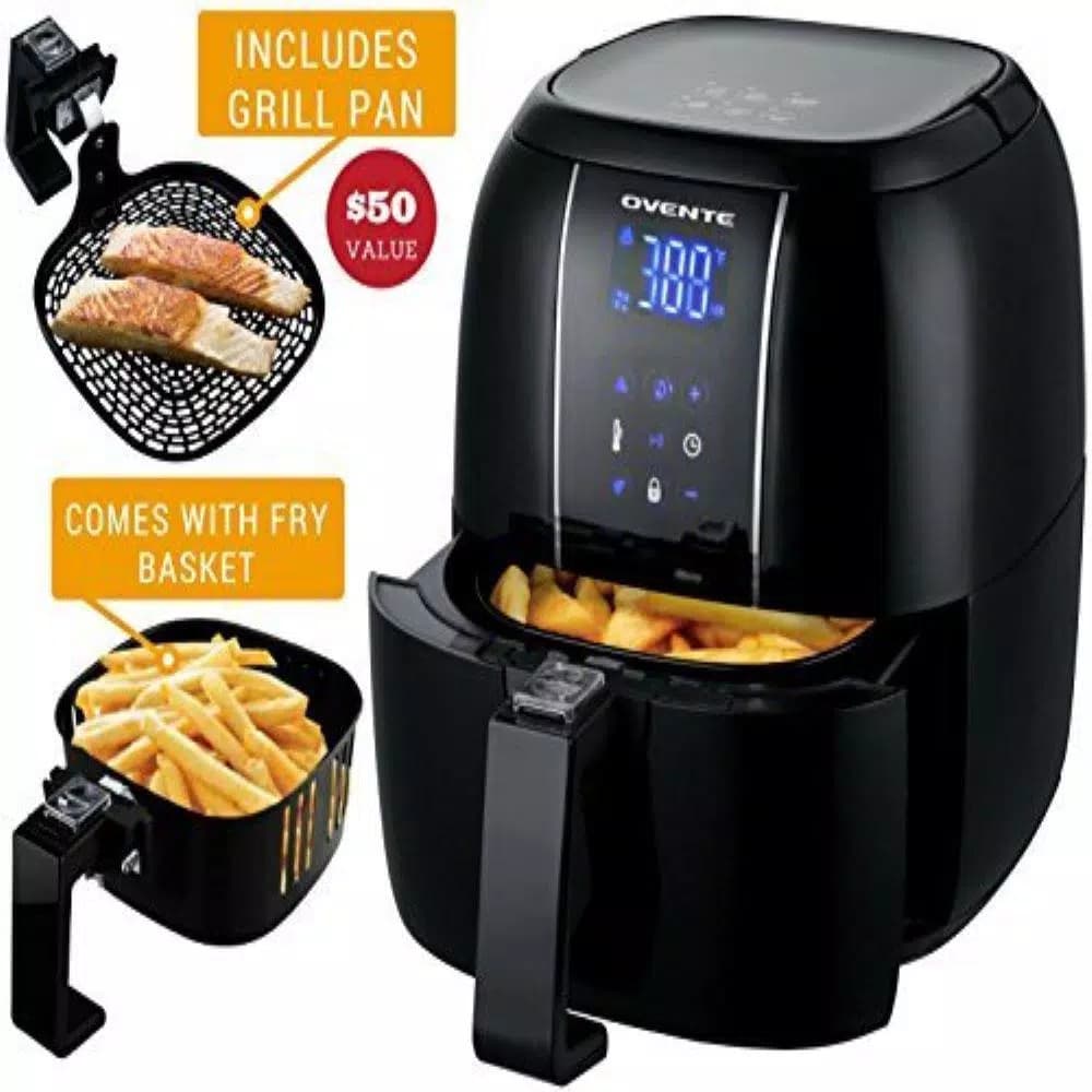 Ovente 3.2 Qt. Digital Air Fryer with Grill Pan and Non-Stick Basket, 1400W, 6 Presets