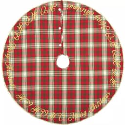 VHC Brands 48 in. Holiday Cherry Red Plaid Cotton Christmas Tree Skirt with Gold Embroidery thumbnail 1