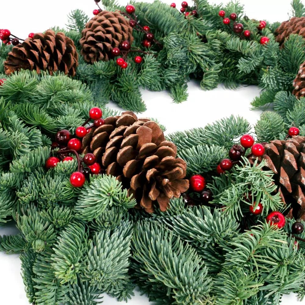 VAN ZYVERDEN 24 in. Live Fresh Cut Pacific Northwest Noble Fir Christmas Wreath with Berries and Pinecones