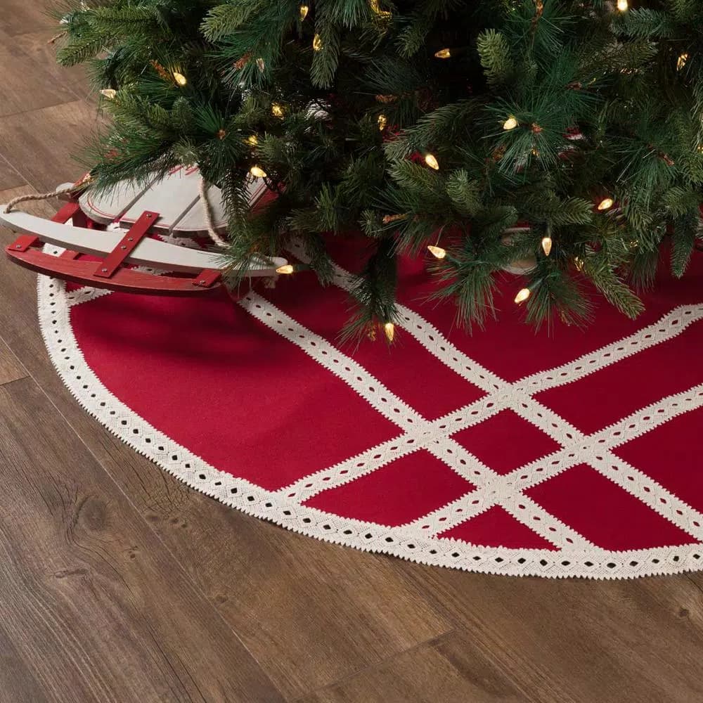 VHC Brands 55 in. Red Margot Farmhouse Christmas Tree Skirt with Diamond Lace and Creme Chambray