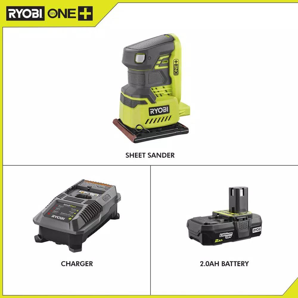 RYOBI 18V ONE+ Cordless 1/4 Sheet Sander Kit with 2.0 Ah Battery and Charger