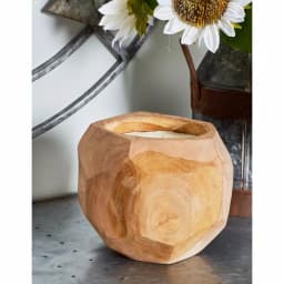 LITTON LANE Hand-Carved Natural Teak Wood Coconut-Shaped Candle Holder with White Unscented Wax thumbnail 1