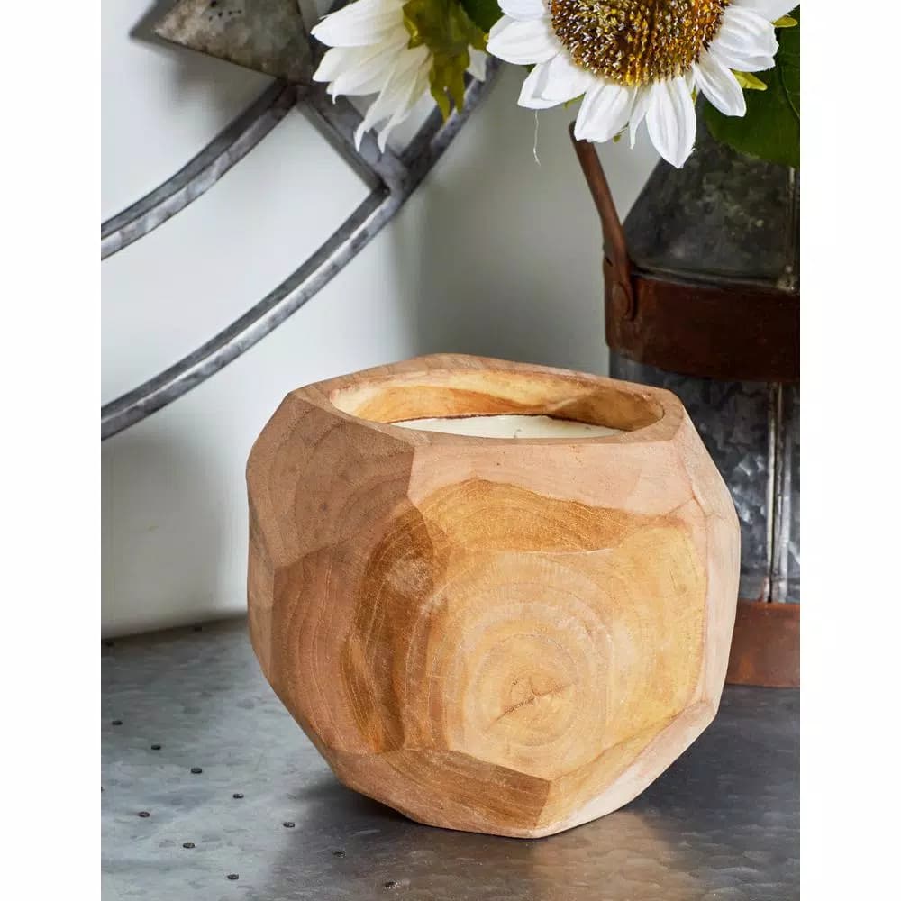LITTON LANE Hand-Carved Natural Teak Wood Coconut-Shaped Candle Holder with White Unscented Wax