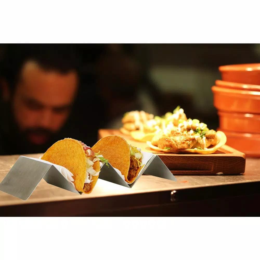 Unbranded Silver Stainless Steel Taco Holder Set, 4-Pack Serving Tray for Hard and Soft Shells, Grill Safe