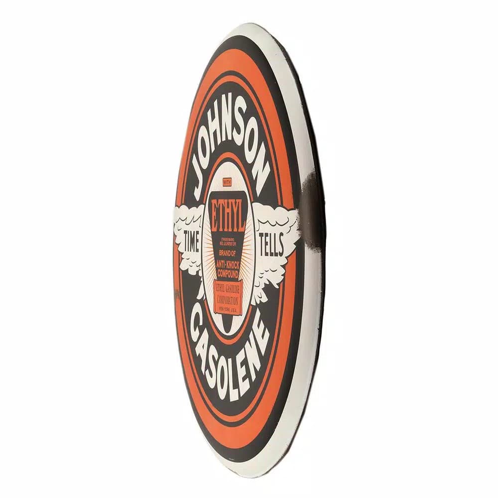 Unbranded Johnson Gasolene Time Tells Rustic Tin Button Decorative Sign, 24 in.