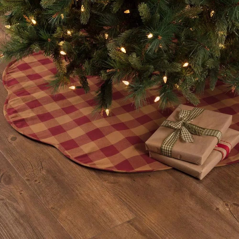 VHC Brands 48 in. Burgundy Check Red Primitive Christmas Tree Skirt with Scalloped Edge