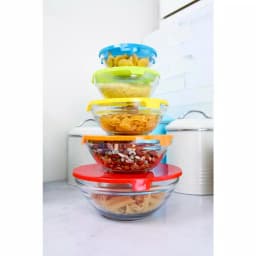 Home Basics 5-Piece Glass Bowl Set with Colorful Plastic Lids thumbnail 4