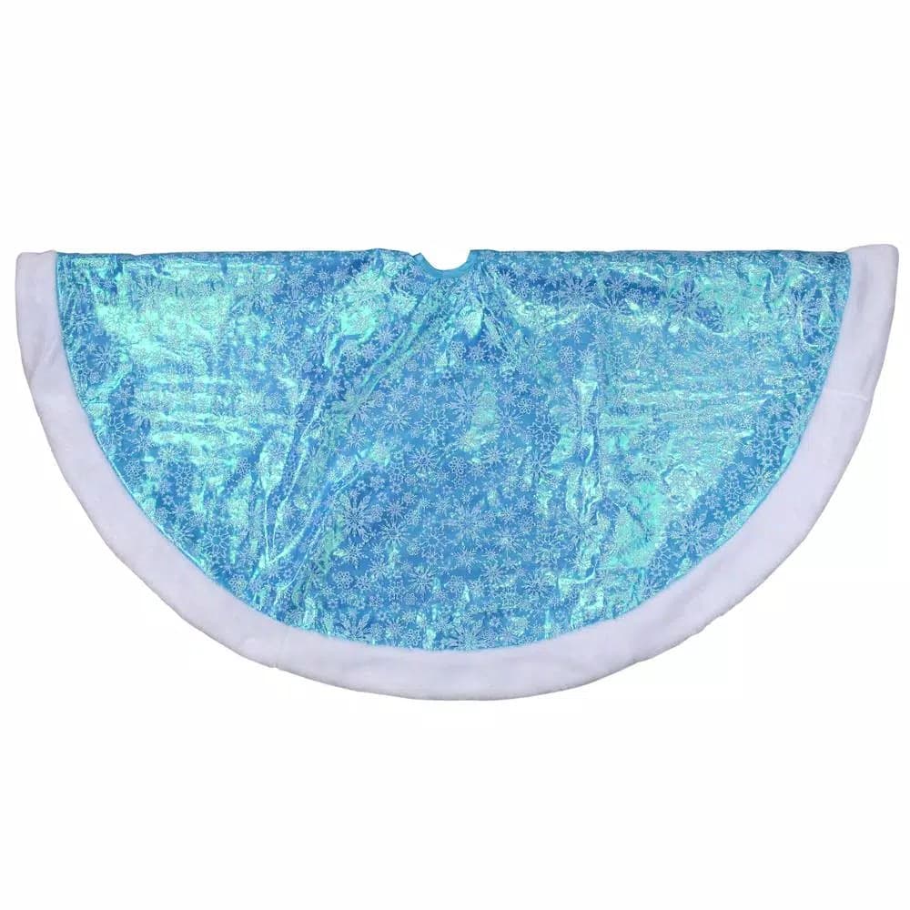 Northlight 48 in. Light Blue Iridescent Mesh Glittered Snowflake Christmas Tree Skirt with Faux Fur Trim