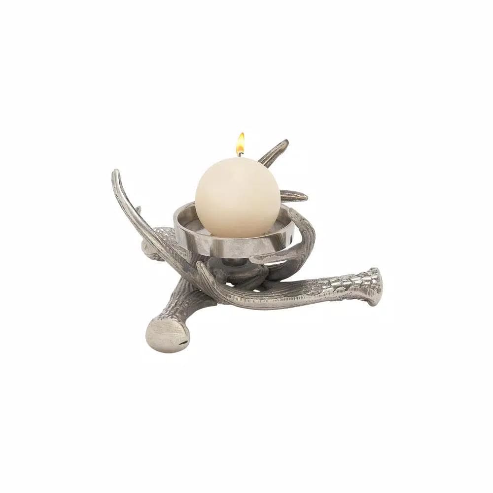 LITTON LANE 4 in. Silver Aluminum Crossed Antlers Candle Holder - Rustic Tarnished Finish
