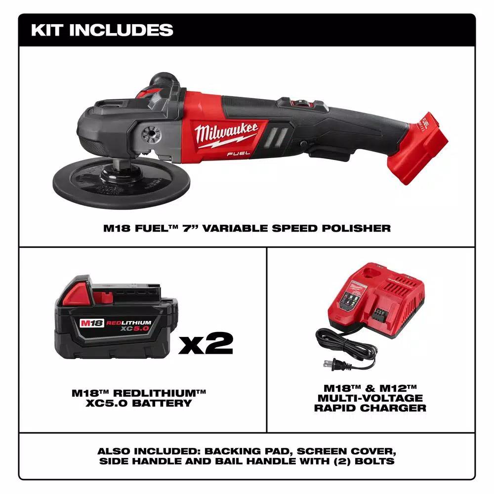 Milwaukee M18 FUEL 7 in. Variable Speed Cordless Polisher Kit with (2) 5.0 Ah Batteries & Charger
